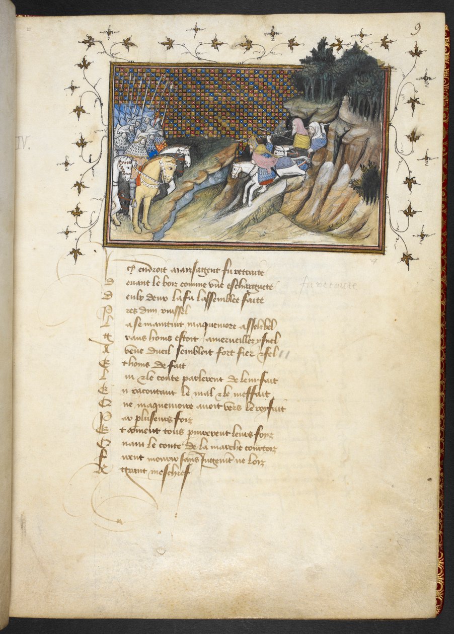 MacMorogh, den irske høvding, henvender sig til hertugen af Gloucester, MS Harley 1319, f.9r af The Virgil Master