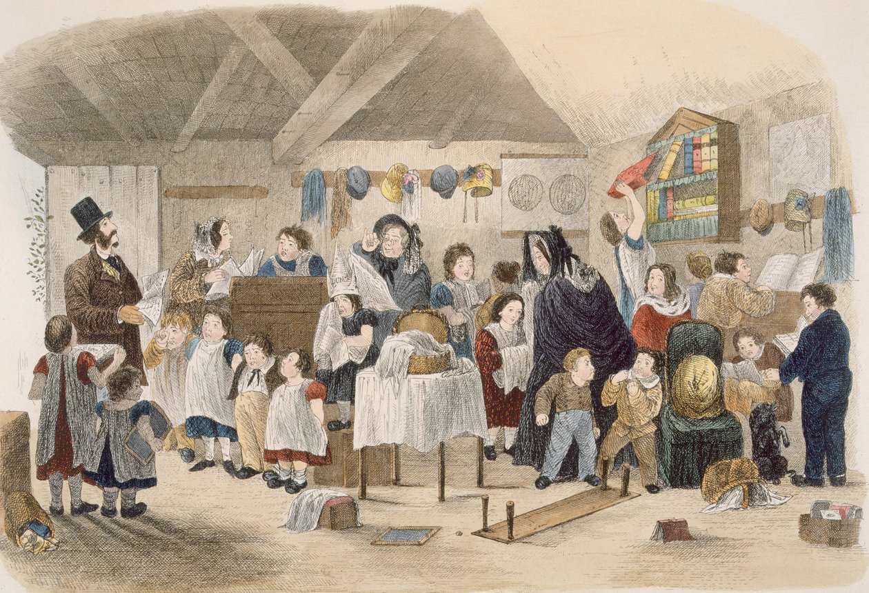 Besøg på landsbyskolen, illustration fra Visitation of a London Exquisite to his Maiden Tanter in the Country, pub. Af W. Kent, London, 1859 af Theo