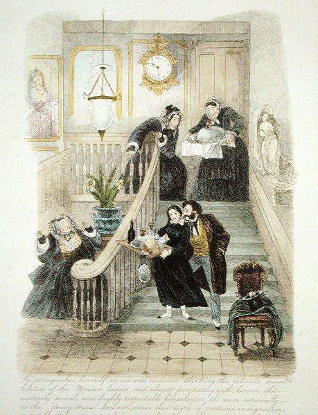 Illustration fra Visitation of a London Exquisite to his Maiden Tants in the Country, udgivet 1859 (se også 193200, 203630-31) af Theo Theo