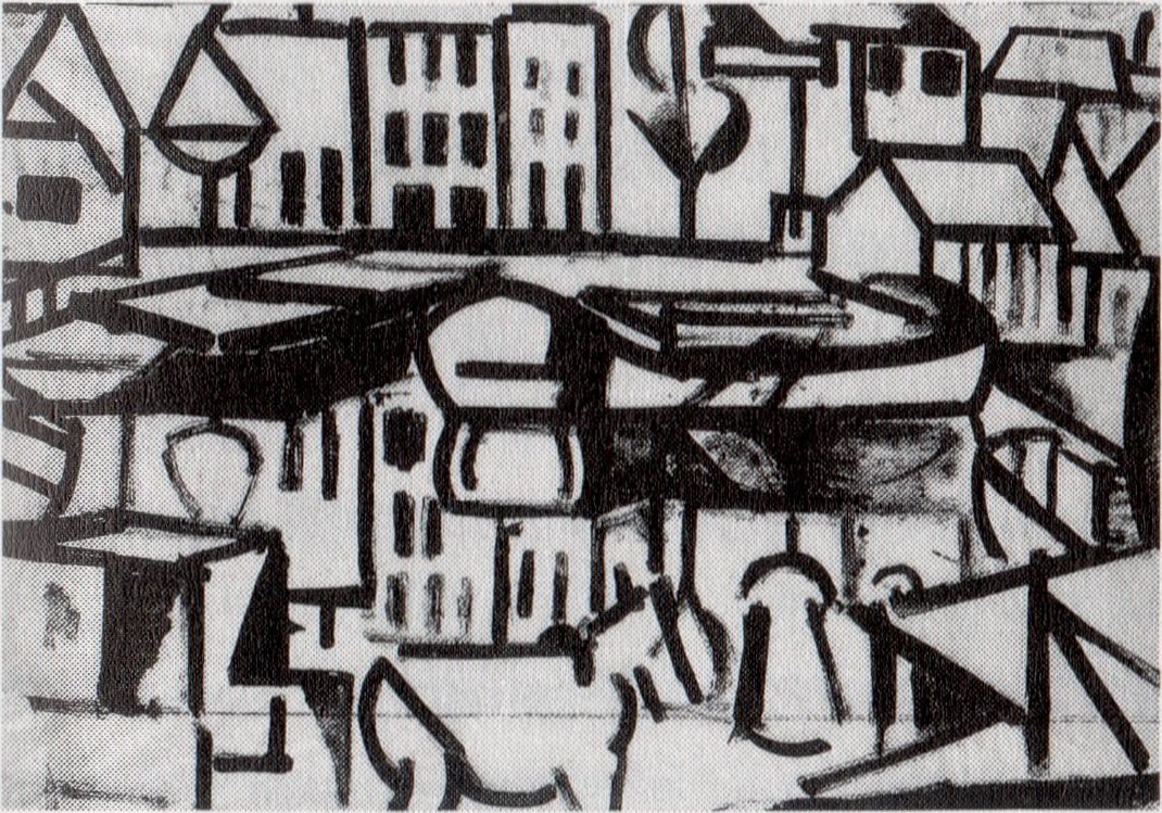 Bybillede med båd Leiden af Theo van Doesburg