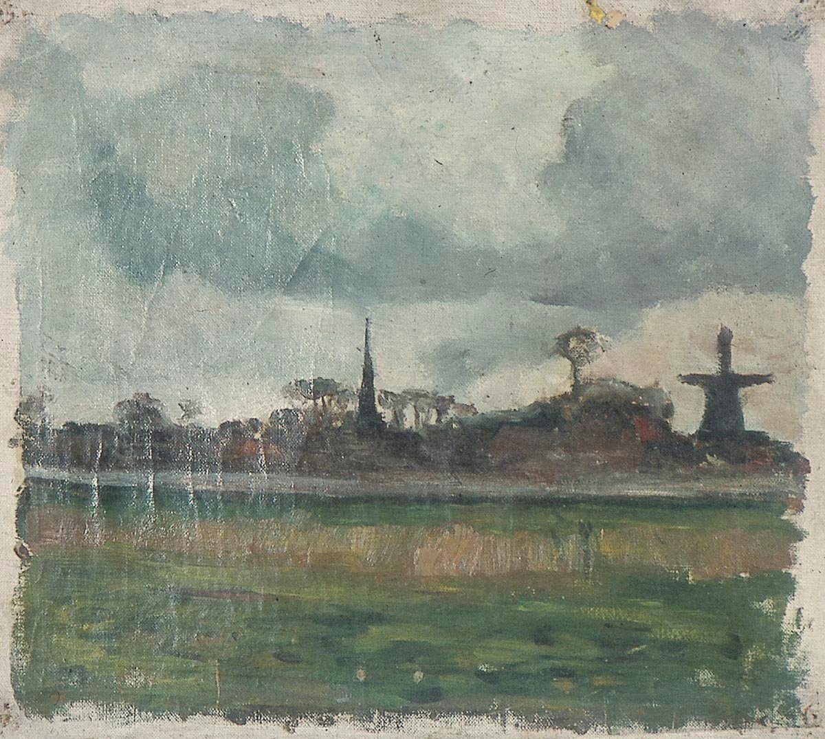 Landskab med vindmølle og kirke af Theo van Doesburg