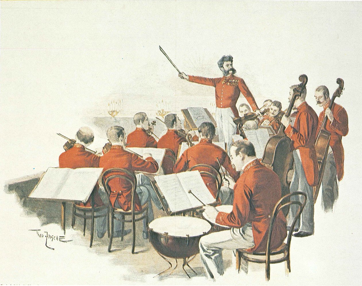 Den østrigske komponist Johann Strauss II og hans musikband ved hofbalet. af Theo Zasche