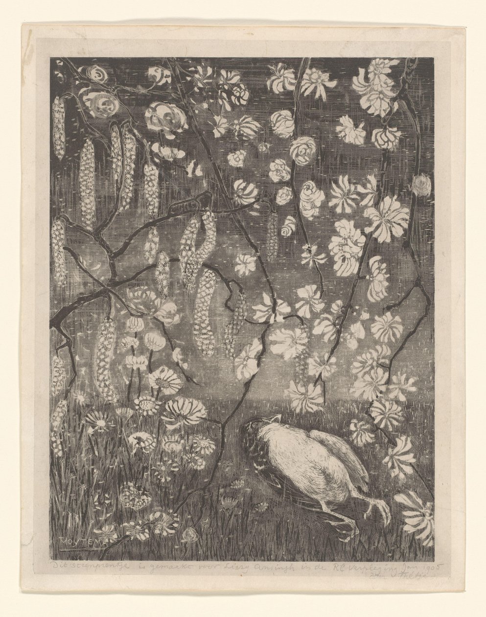 Død fugl under hassel- og kaprifoliergrene Flower Studies (original titel) af Theo van Hoytema
