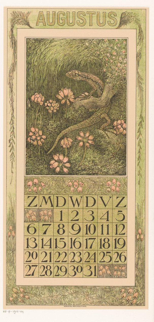August kalenderside med firben og lyng Kalender 1911 12 litografier af Th. v. Hoytema (serietitel) af Theo van Hoytema