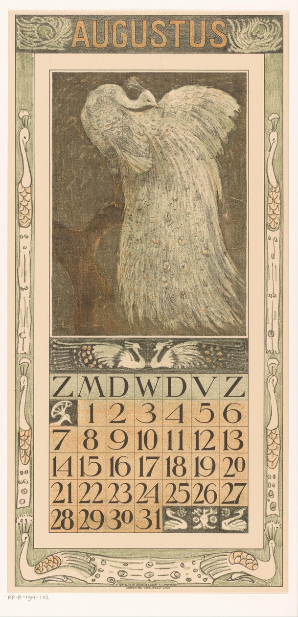 August kalenderside med hvid påfugl Kalender 1910 12 litografier af Th. v. Hoytema (serietitel) af Theo van Hoytema