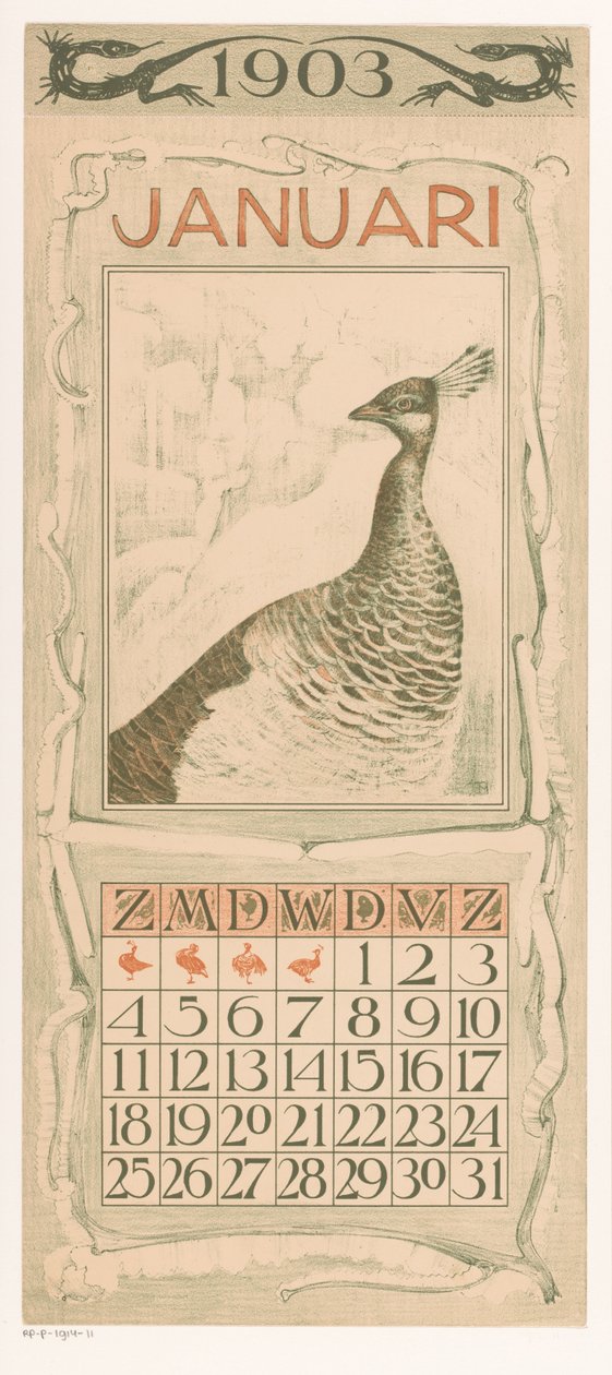 Januar kalenderark med påfugl Kalender 1903 12 litografier af Th. v. Hoytema (serietitel) af Theo van Hoytema