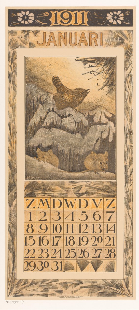 Januar kalenderark med gærdesmutte og mus Kalender 1911 12 litografier af Th. v. Hoytema (serietitel) af Theo van Hoytema