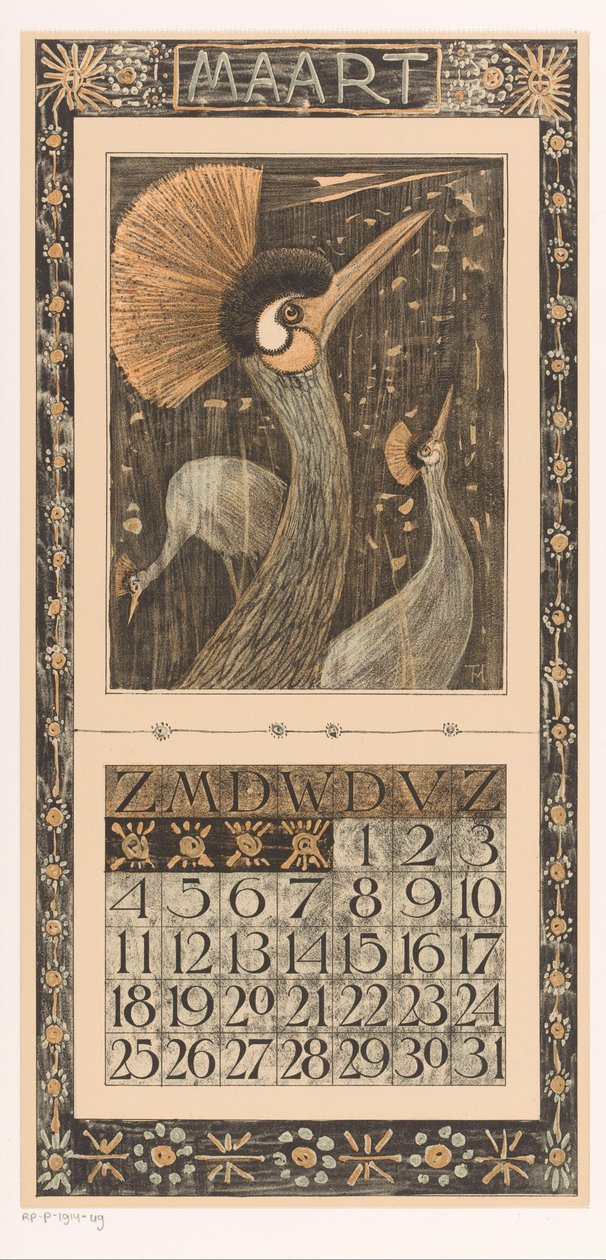 Kalenderblad marts med kronekraner Kalender 1906 12 litografi af Th. v. Hoytema (serietitel) af Theo van Hoytema