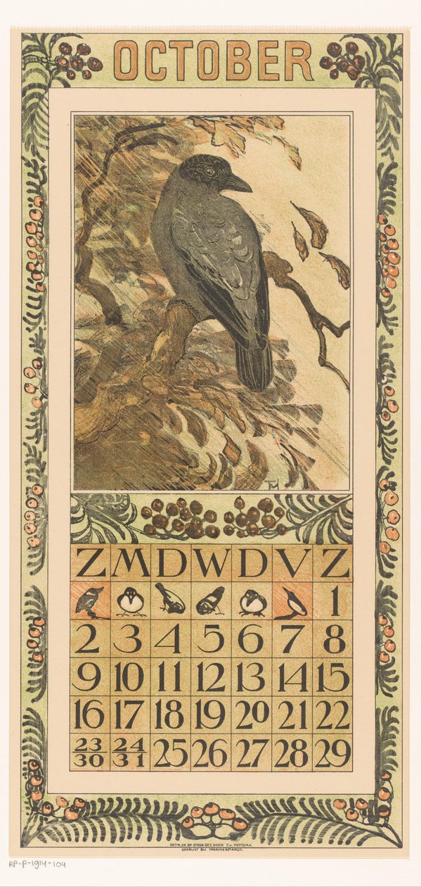 Oktober kalenderside med farverig krage Kalender 1910 12 litografier af Th. v. Hoytema (serietitel) af Theo van Hoytema