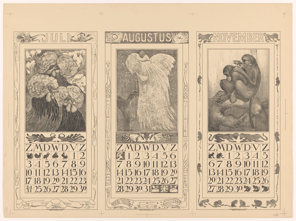 Kalendere for juli, august og november 1910 af Theo van Hoytema
