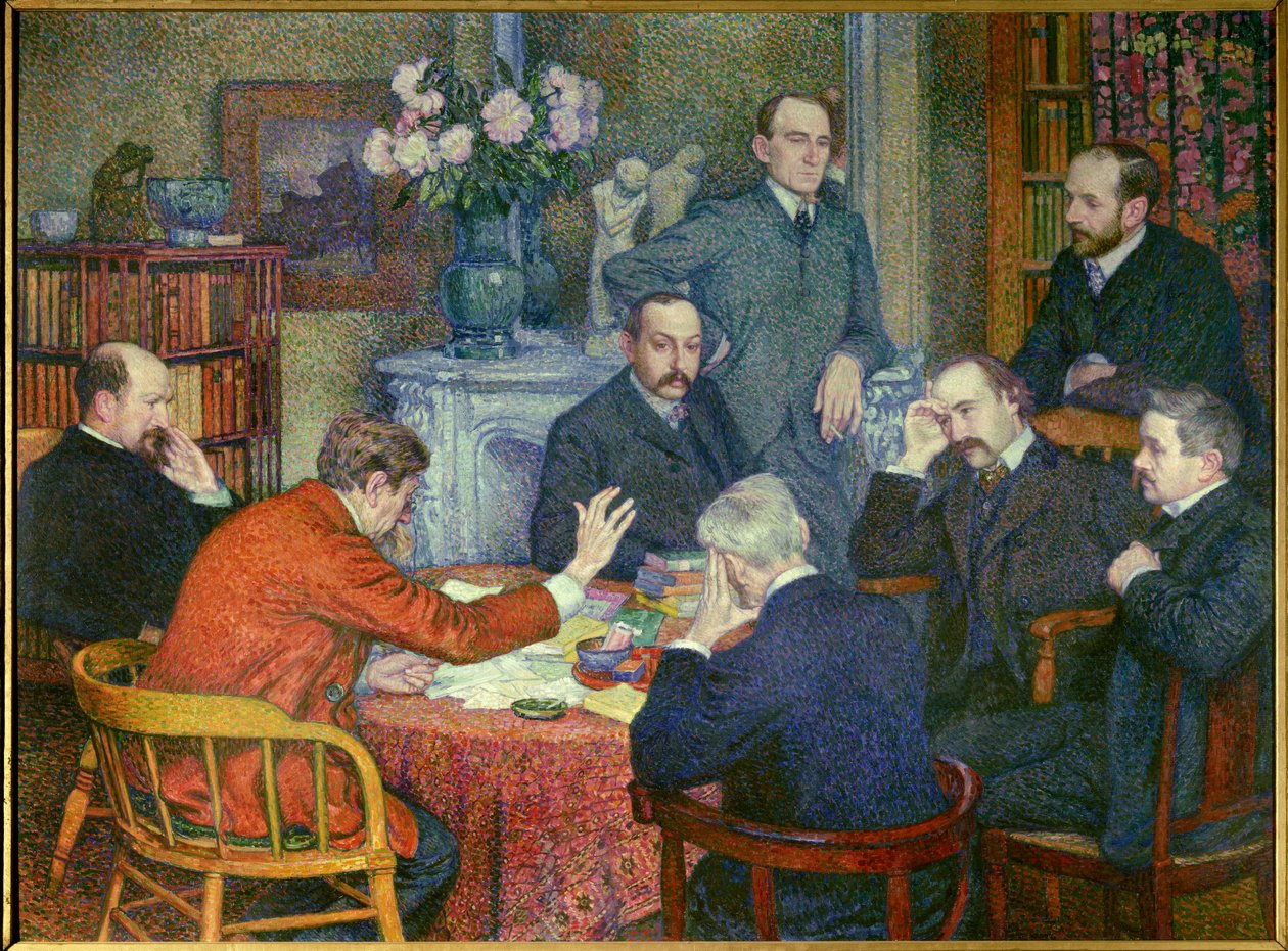 La Lecture (1903), iscenesat omkring Emile Verhaeren (1855-1916), belgisk socialistisk digter, maler Cross, forfattere Maurice Maeterlinck, Andre Gide og Francis Viele-Griffin, biolog Henri Gheon, læge Felix Le Dantec og Felix Feneon, der ryger en cigaret  af Théo van Rysselberghe