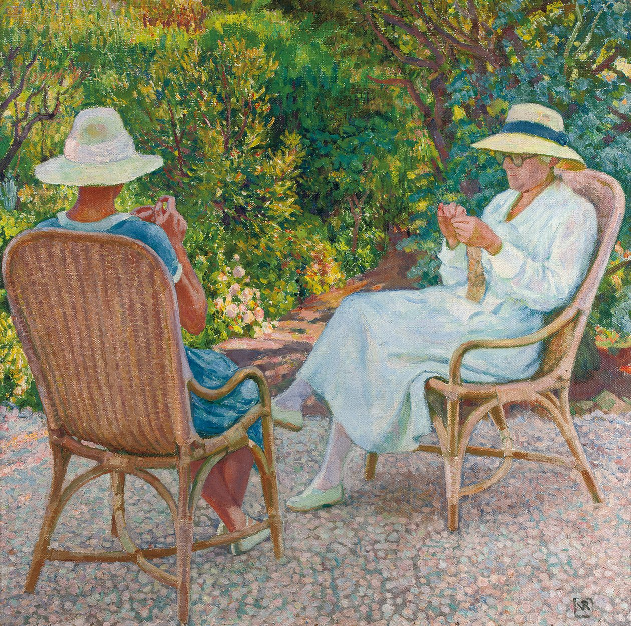 Maria og Elisabeth van Rysselberghe strikker i haven, c.1912 af Théo van Rysselberghe