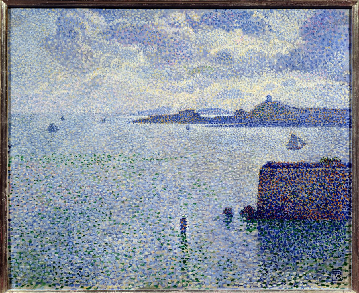 Sejlbåde og flodmunding. Maleri af Theodore Van Rysselberghe (1862-1926), Bel. af Théo van Rysselberghe