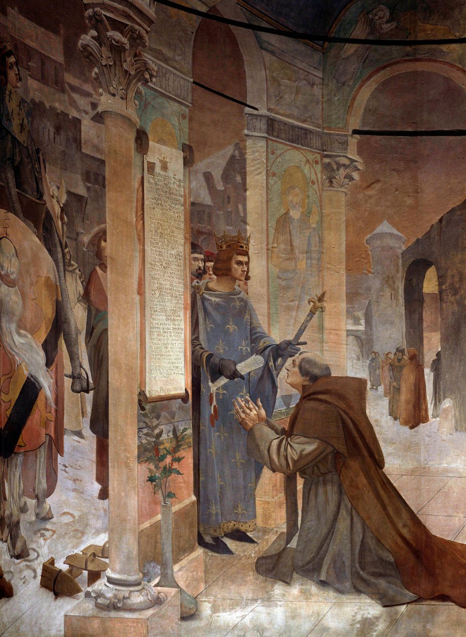 Kong Louis IX (Saint Louis) (1214-1270) præsenterer Charter of Foundation for College of Sorbonne til Robert de Sorbon (1201-1274), hans skriftefader i 1257 Maleri af Theobald Chartran (1849-1907) Paris, La Sorbonne af Theobald Chartran