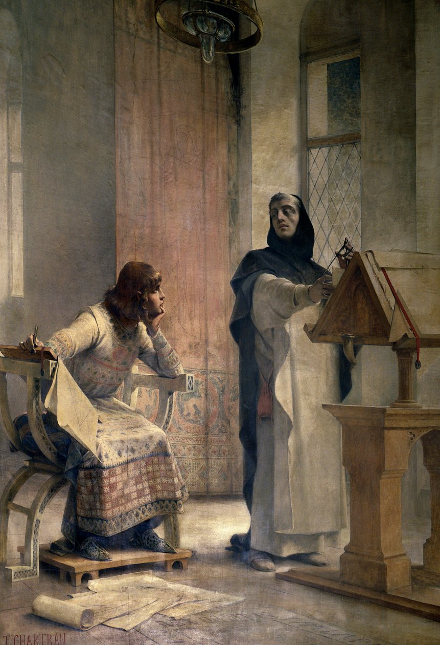 Louis IX (1214-1270), før han blev konge af Frankrig, studerede matematik hos Vincent de Beauvais (1190-1264), dominikanerbror, i klosteret Royaumont. Maleri af Theobald Chartran (1849-1907). Paris, La Sorbonne af Theobald Chartran