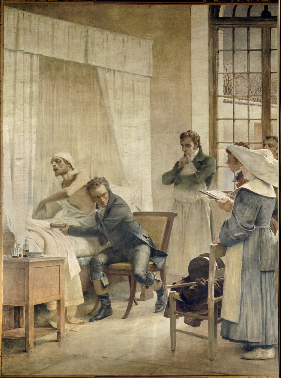 Rene Laennec auditerer en phtic foran sine elever. Rene-Theophile-Hyacinthe Laennec (1781-1826), fransk læge, opfinder af "pectoriloque" eller stetoskop. Fresco af Theobald Chartran