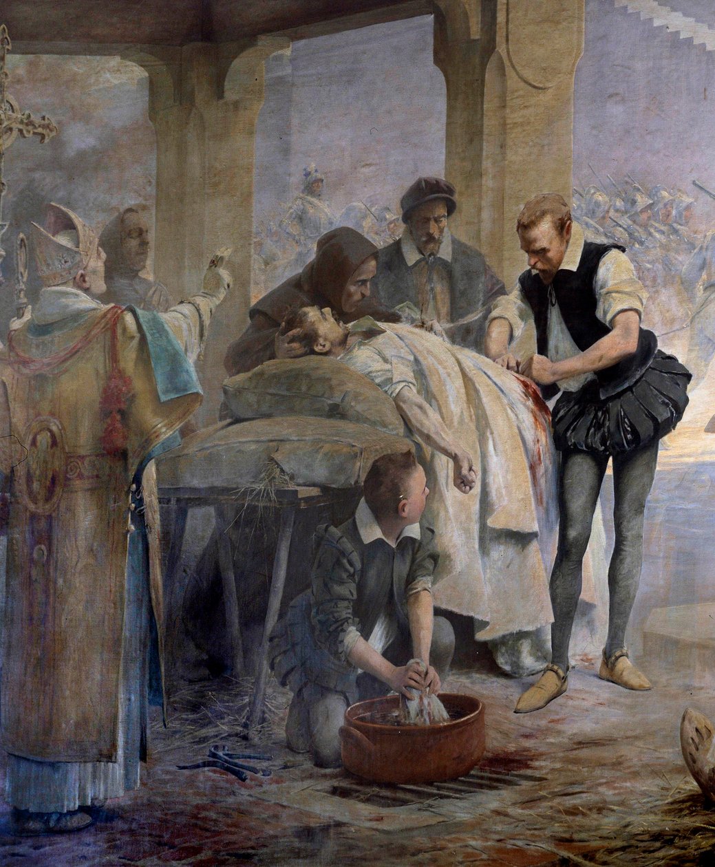 Lægen Ambroise Pare (1509-1590) praktiserer ligering af artererne på en harquebusher, der blev såret under belejringen af Metz af Charles V i 1553 Detail. Maleri af Theobald Chartran (1849-1907) af Theobald Chartran