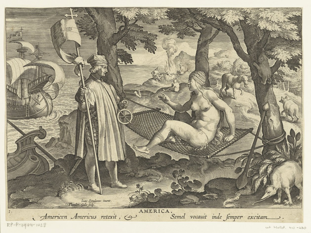 Amerigo Vespucci sætter foden i Amerika Amerika. Americas Americas reexit. Semel vocauit inde semper excitam (titel på objekt) Nye opfindelser og opdagelser (serietitel) Nova Reperta (serietitel) af Theodoor Galle