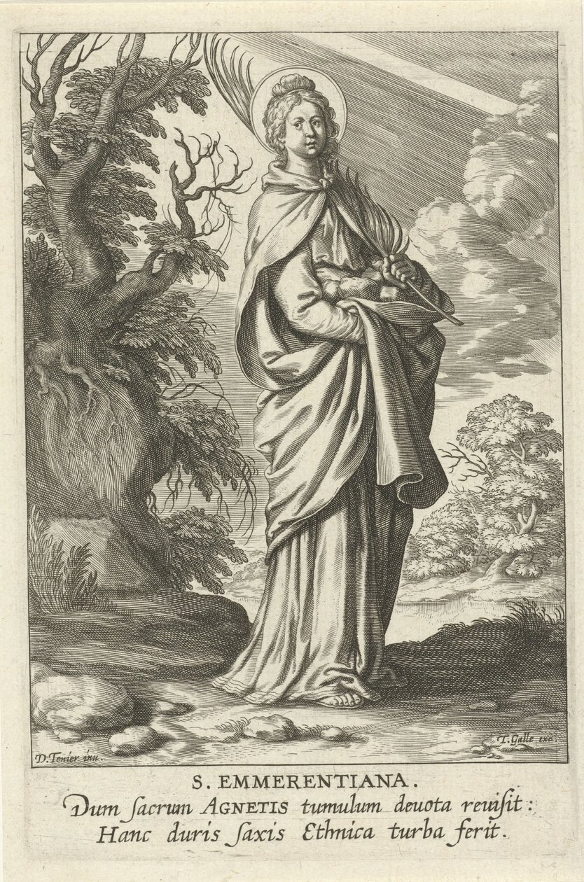 Heilige Emerentiana fra Rom St. Emmerantiana (titel på objekt) Feminine heiligen (serietitel) Mirror Illuminated Virgin (serietitel) af Theodoor Galle