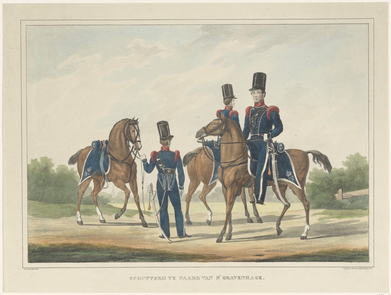 Riflemænd til hest i Haag, 1830 Rifle on Horse of Haag (titel på objekt) af Theodoor Soeterik