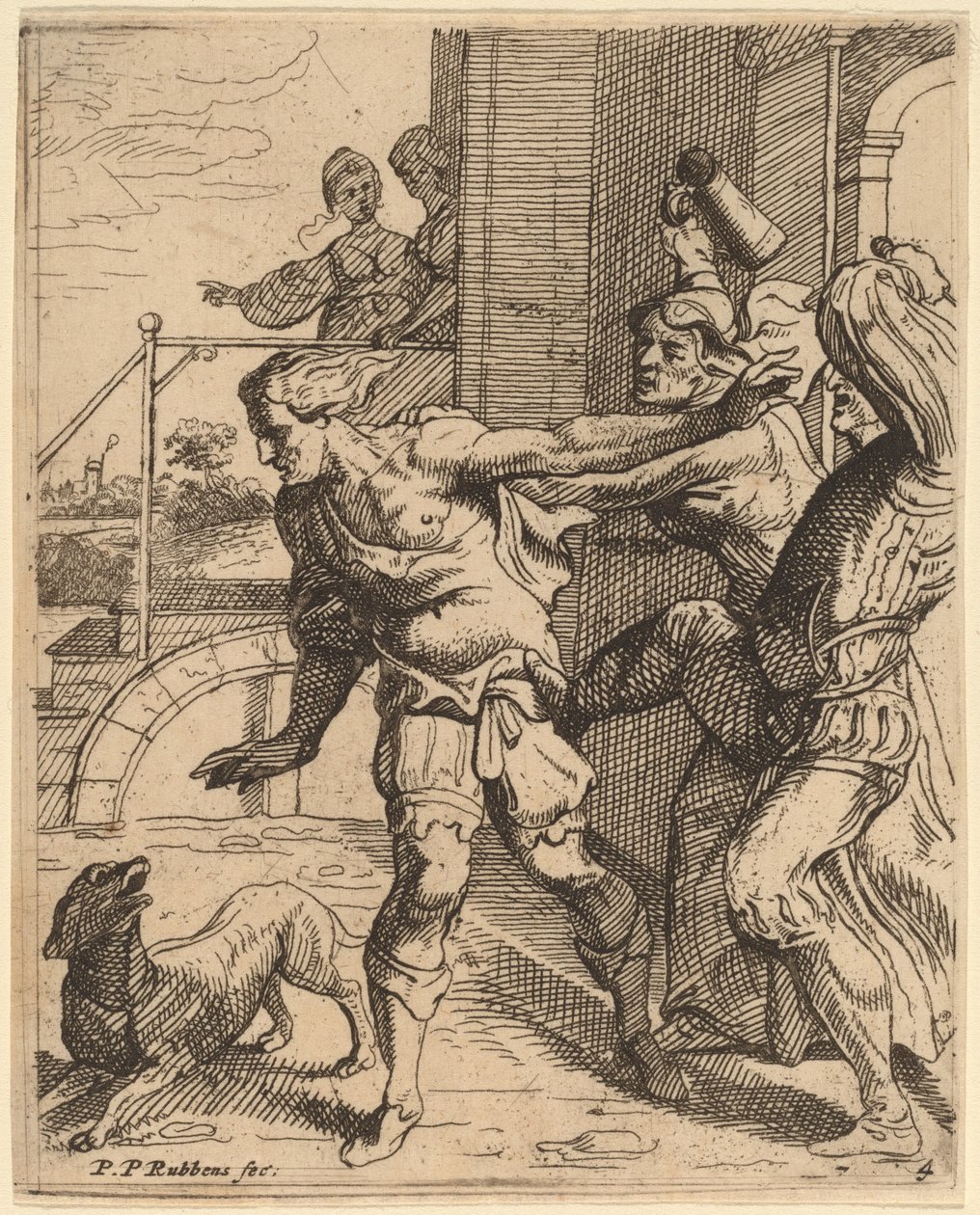 Den fortabte søn drevet fra værtshuset af Theodoor van Thulden after Sir Peter Paul Rubens