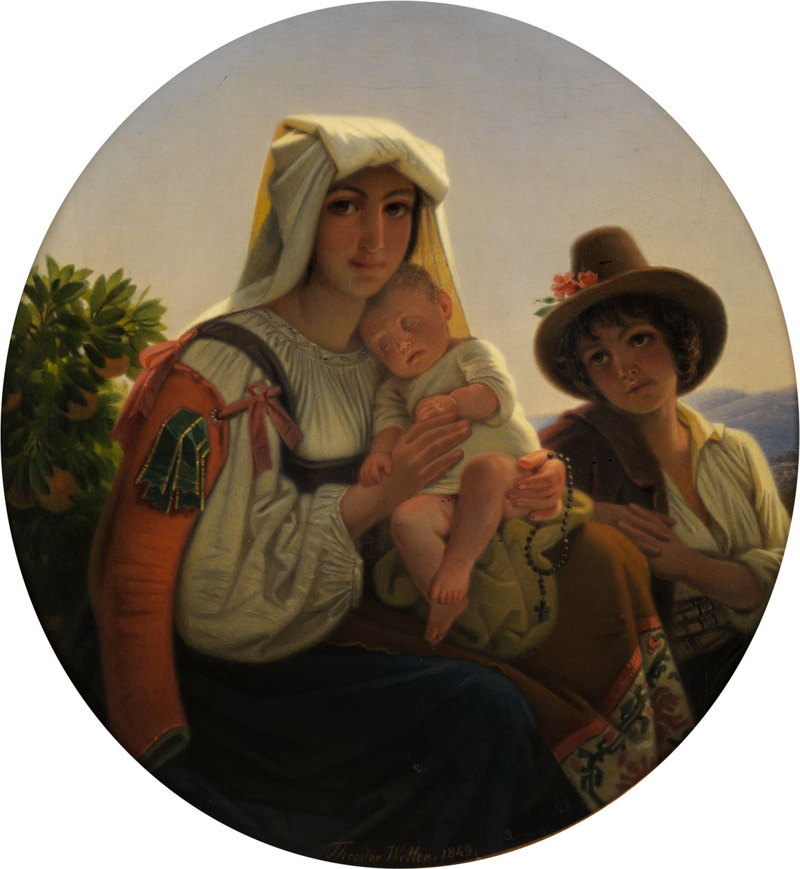 Italiensk mor med lille barn og dreng i et landskab af Theodor Leopold Weller
