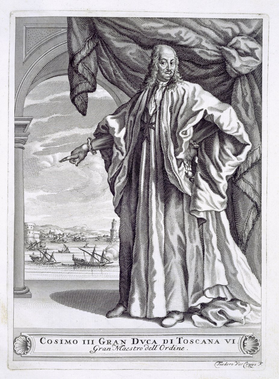 Portræt af Cosimo III de Medici (1642-1723), frontispice fra I Pregi della Toscana, af Fulvio Fontana, udgivet 1701 af Theodor Verkruis