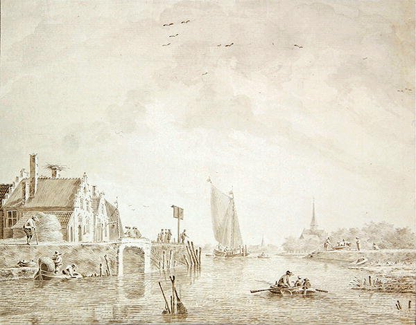Skibsfart i en flodmunding ved en landsby med en by i det fjerne (pen og blæk med vask på papir) af Theodor Verrijk