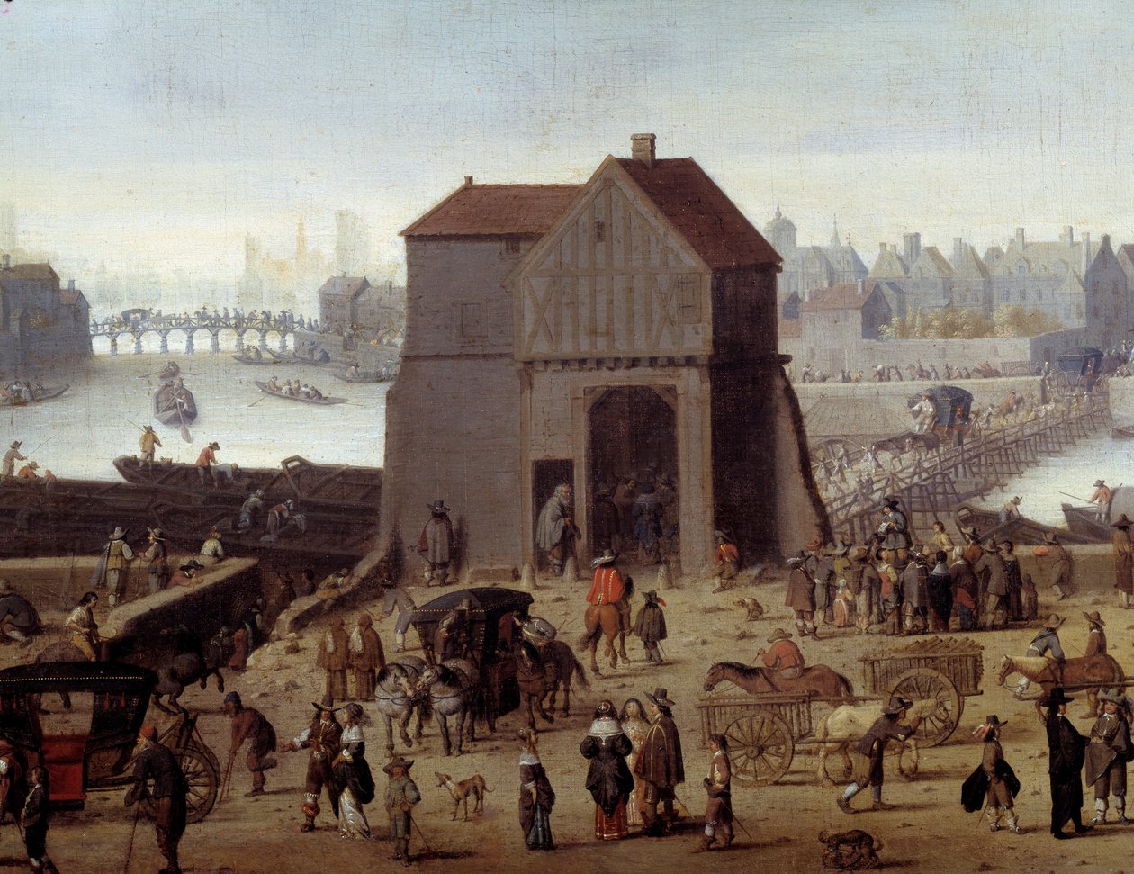 Molen og broen i Tournelle Detail. Karrosser og forbipasserende på havnen. Maleri tilskrevet Theodor Matham (1606-1676) 1646 Paris, musee Carnavalet af Theodor (attr. to) Matham