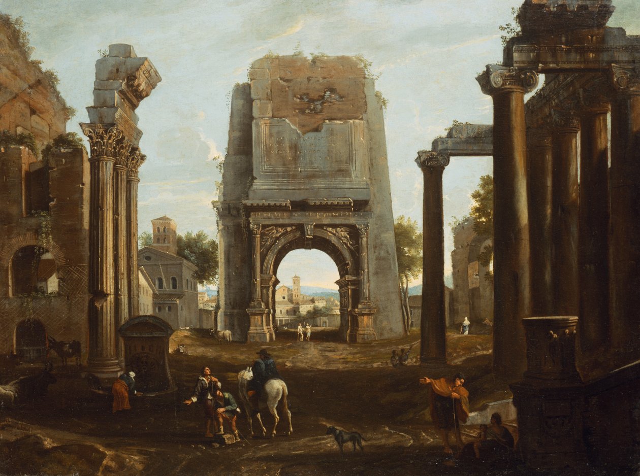 En Capriccio af romerske ruiner med Titusbuen og figurer (olie) af Theodor (circle of) Helmbreker