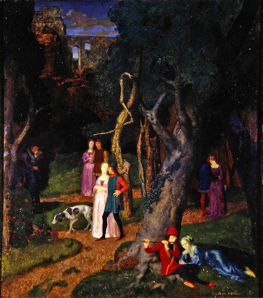 Decameron, Villaens have (olie på panel) af Theodor Baierl