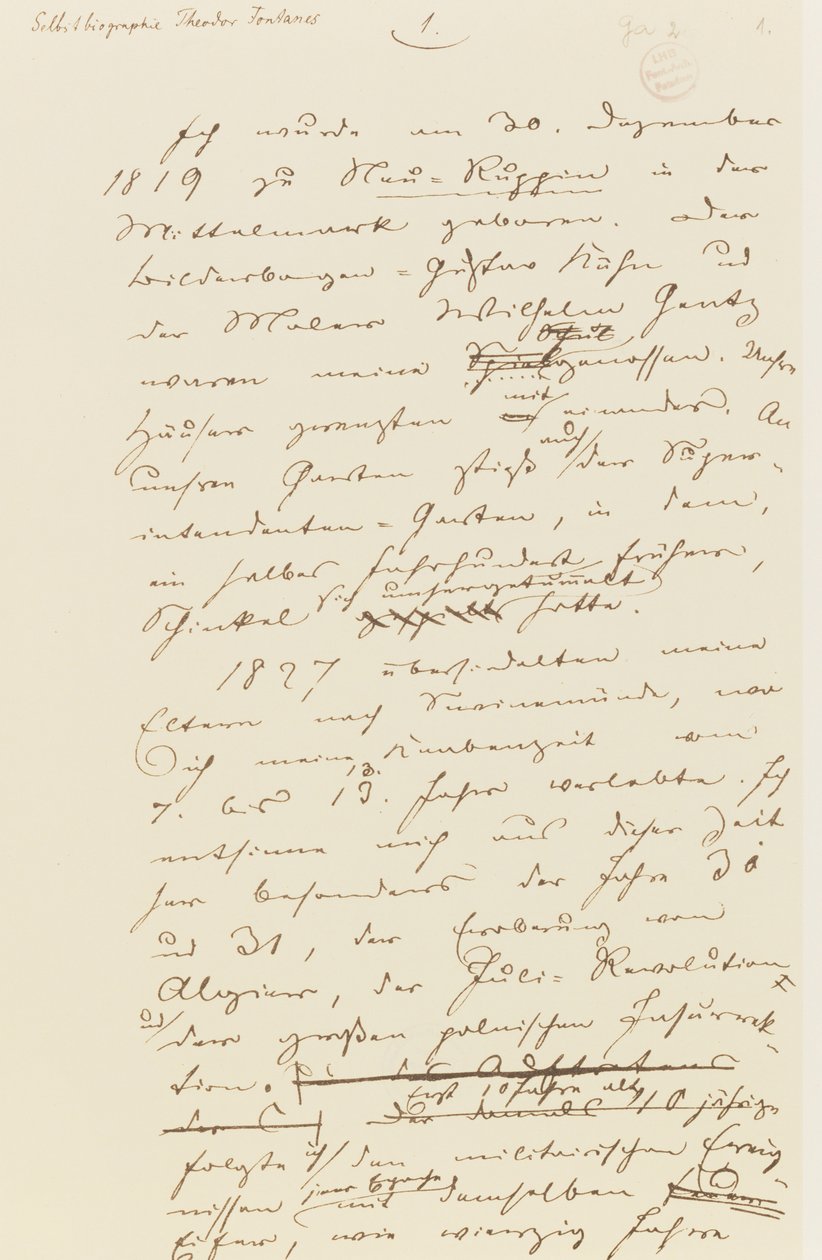 Side fra Fontanes selvbiografi (pen og blæk på papir) af Theodor Fontane