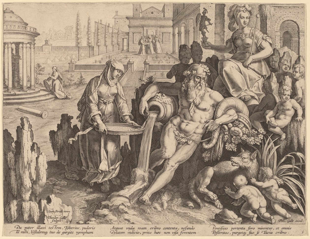 Den vestalske jomfru Tuccia af Theodor Galle after Jan van der Straet