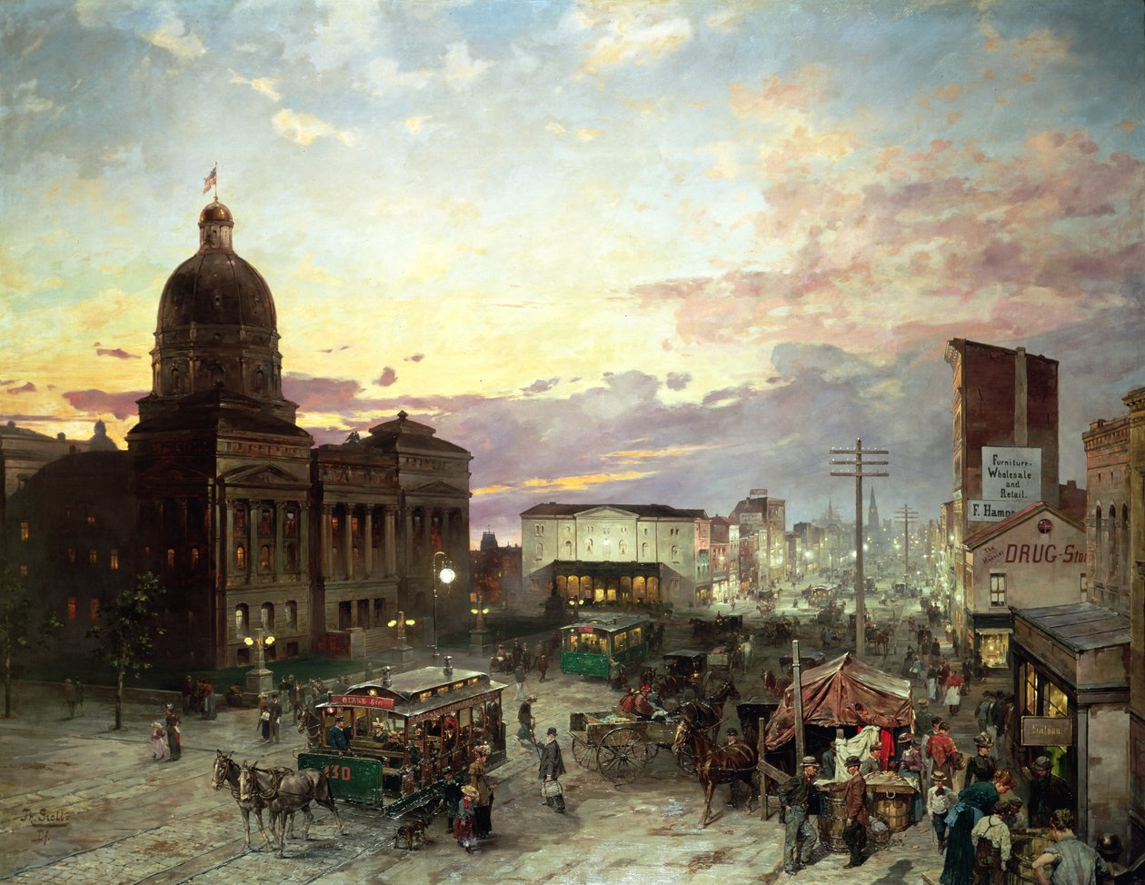 Washington Street, Indianapolis at Dusk (olie på lærred) af Theodor Groll