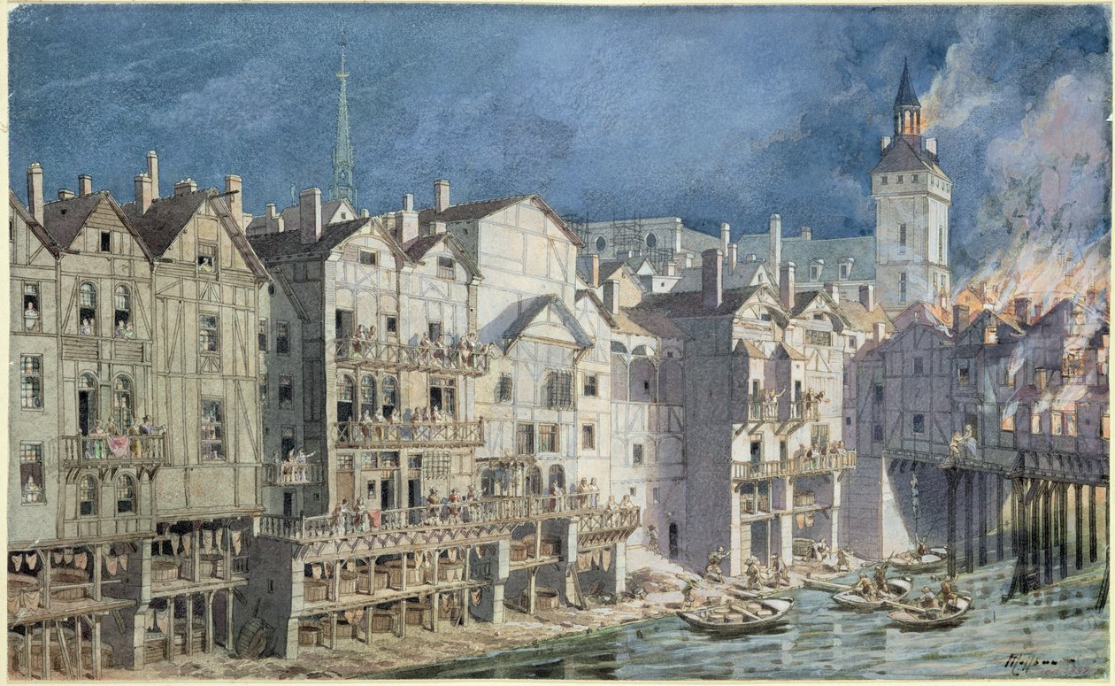 Brand ved Pont aux Meuniers i 1621 (pen og blæk og wc på papir) af Theodor Josef Hubert Hoffbauer