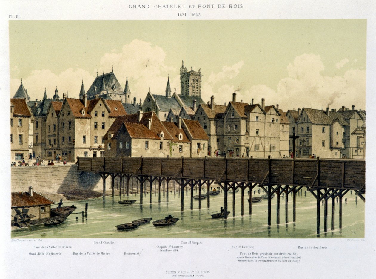 Det store Châtelet og træbroen (1621-1643) - i "Paris fra det 13. århundrede til i dag" af Hoffbauer, red. Firmin Didot & Cie af Theodor Josef Hubert Hoffbauer