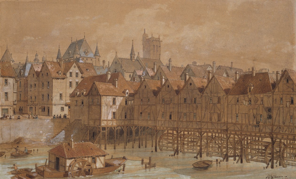 The Grand Chatelet og Pont aux Meuniers (pen, blæk og wc på papir) af Theodor Josef Hubert Hoffbauer