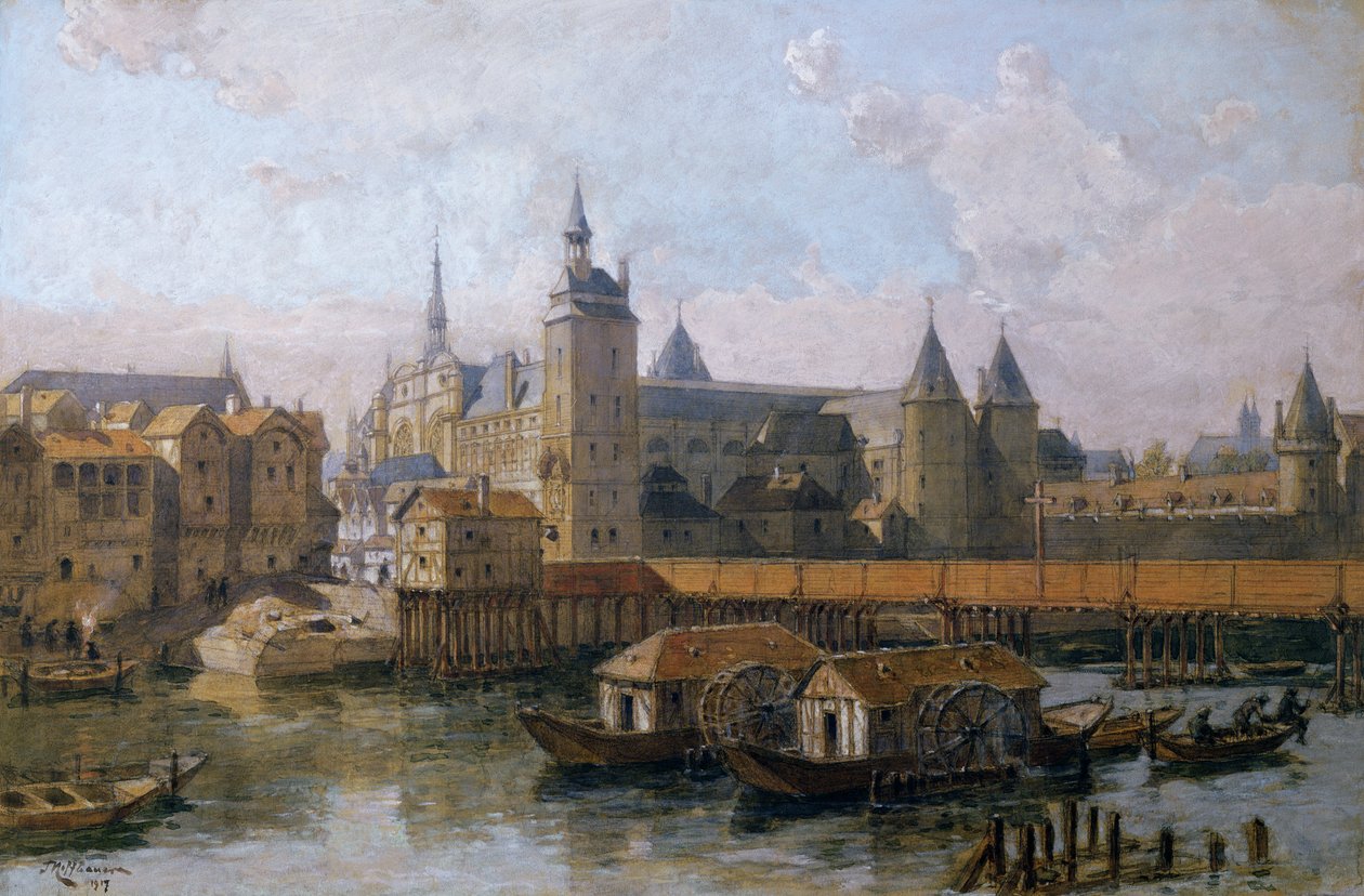Ile de la Cite og Palais de Justice (det tidligere Palais Royal) i det 16. århundrede, 1917 af Theodor Josef Hubert Hoffbauer