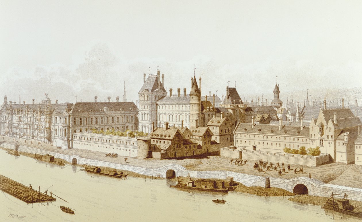 Louvre og Hôtel du Petit-Bourbon i 1622 under Ludvig XIIIs regeringstid, 1885 af Theodor Josef Hubert Hoffbauer