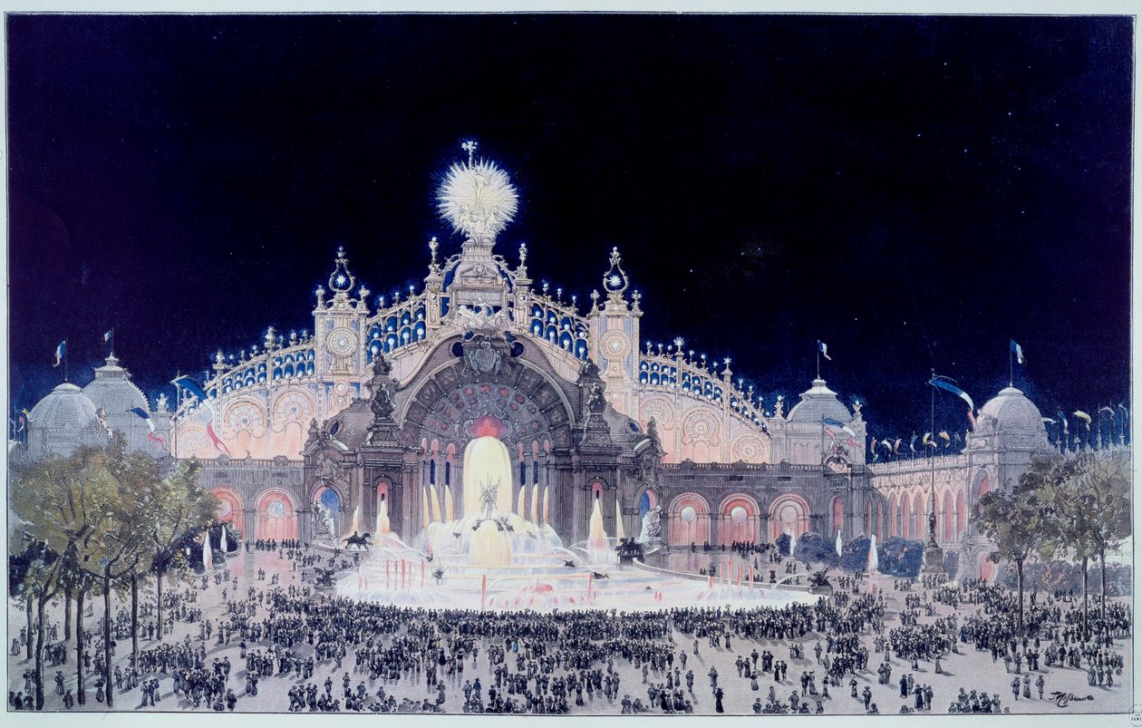 Verdensudstilling: "" Udsigt over Palace of Electricite and Water Castle i Paris i 1900"" Tryk af Theodore Joseph Hubert Hoffbauer (1839-1922) kendt som Fedor Hoffbauer. 1900 Paris, Musee Carnavalet af Theodor Josef Hubert Hoffbauer