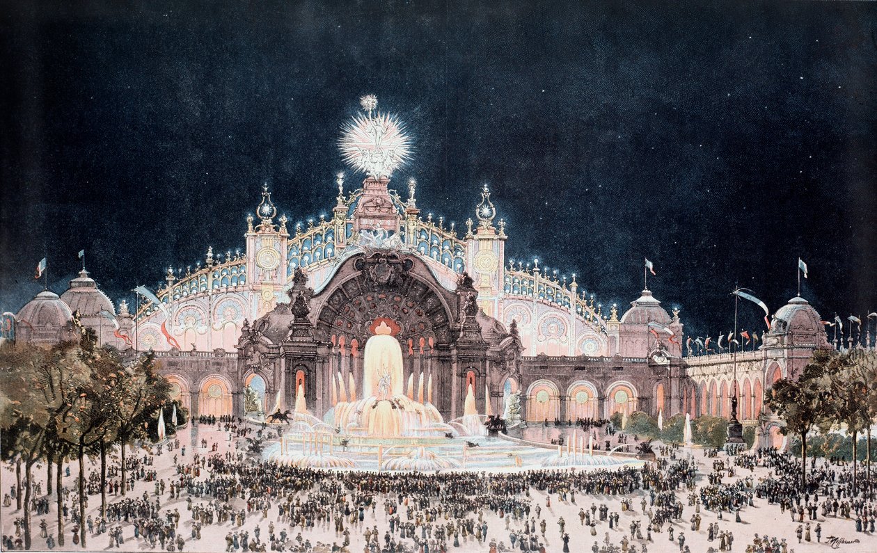 Universel udstilling, udsigt over paladset i el- og vandslottet, Paris (Print af Theodor Josef Hubert Hoffbauer