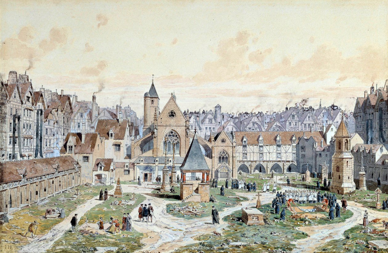 Udsigt over de uskyldiges kirkegård i Paris i 1550. Akvarel af Theodore Joseph Hubert Hoffbauer (1839-1922) Paris fra det 19. århundrede, Musee Carnavalet af Theodor Josef Hubert Hoffbauer