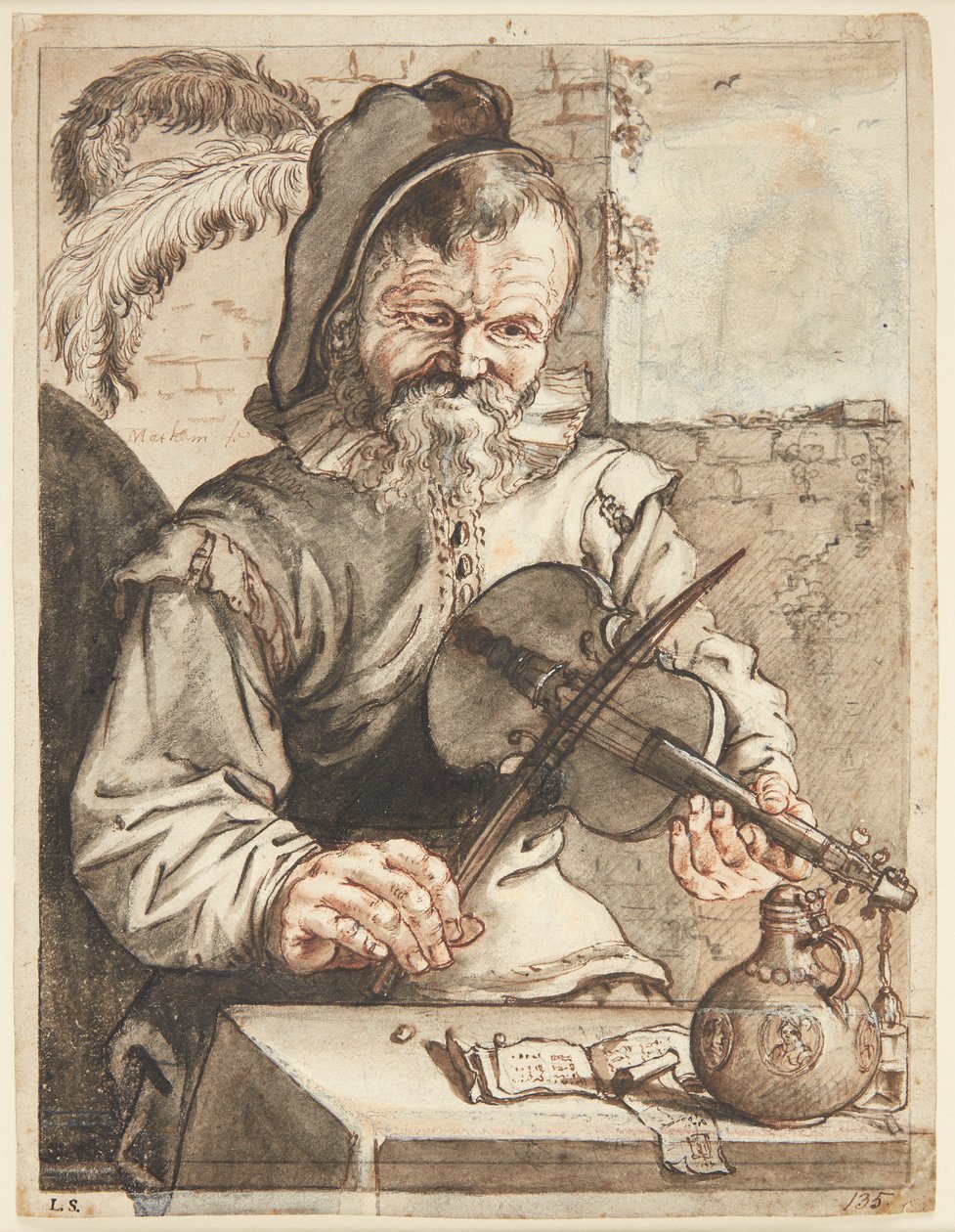 En violinspiller, halvfigur en face, siddende foran et bord med noder, en dunk og et glas af Theodor Matham