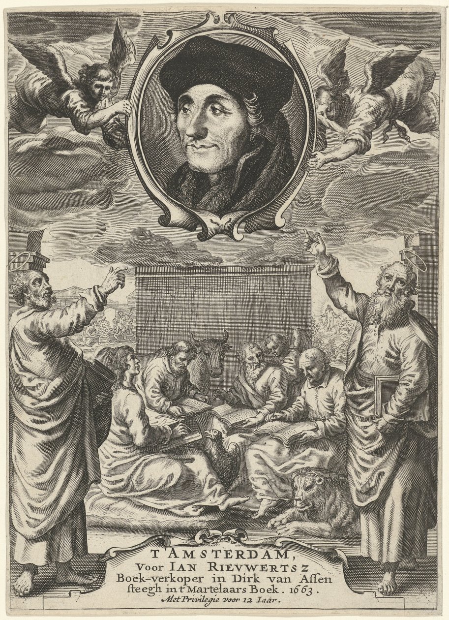 Portræt af Erasmus over fire evangelister af Theodor Matham