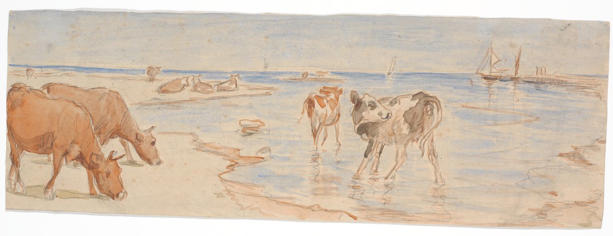 Køer og kalve nær indskibningsstedet på Saltholm (udkast til dekoration af punchebolle) af Theodor Philipsen