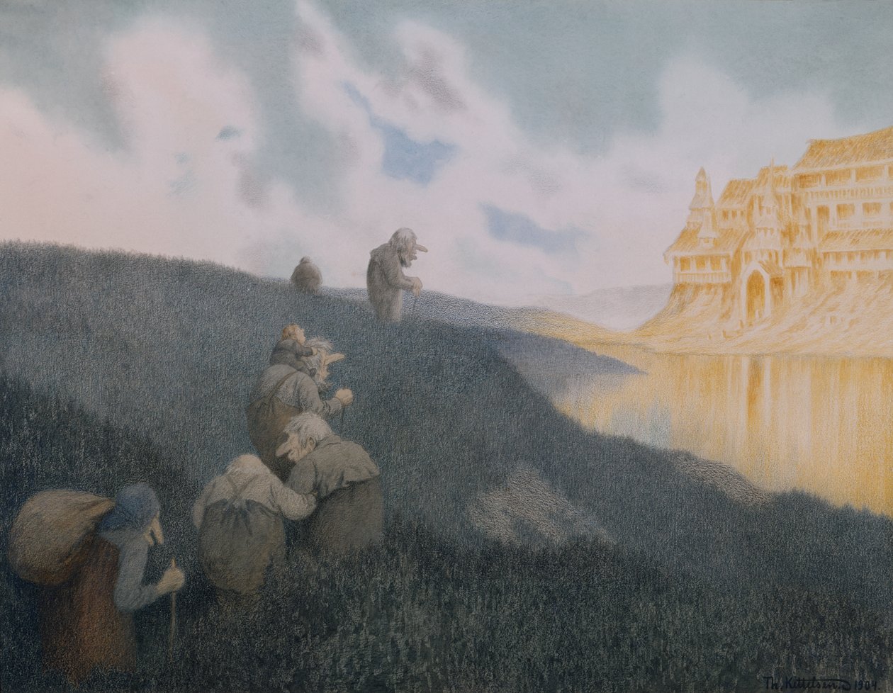 På vej til fest på Troldeborgen af Theodor Kittelsen