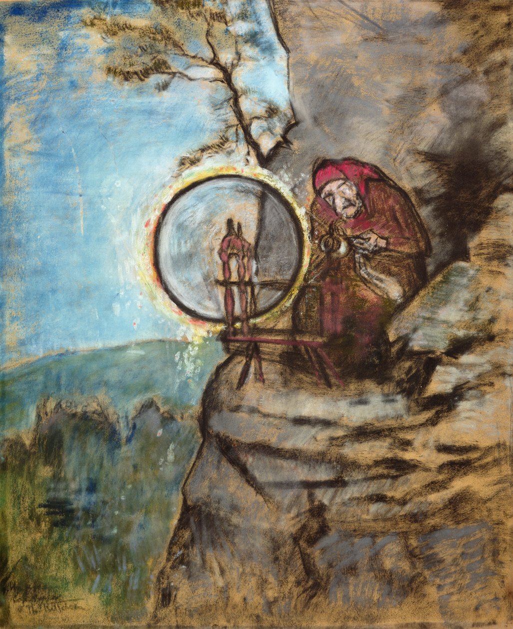 Heksen, der spande sokker til gamle Erik (farvet pastel på papir) af Theodor Kittelsen