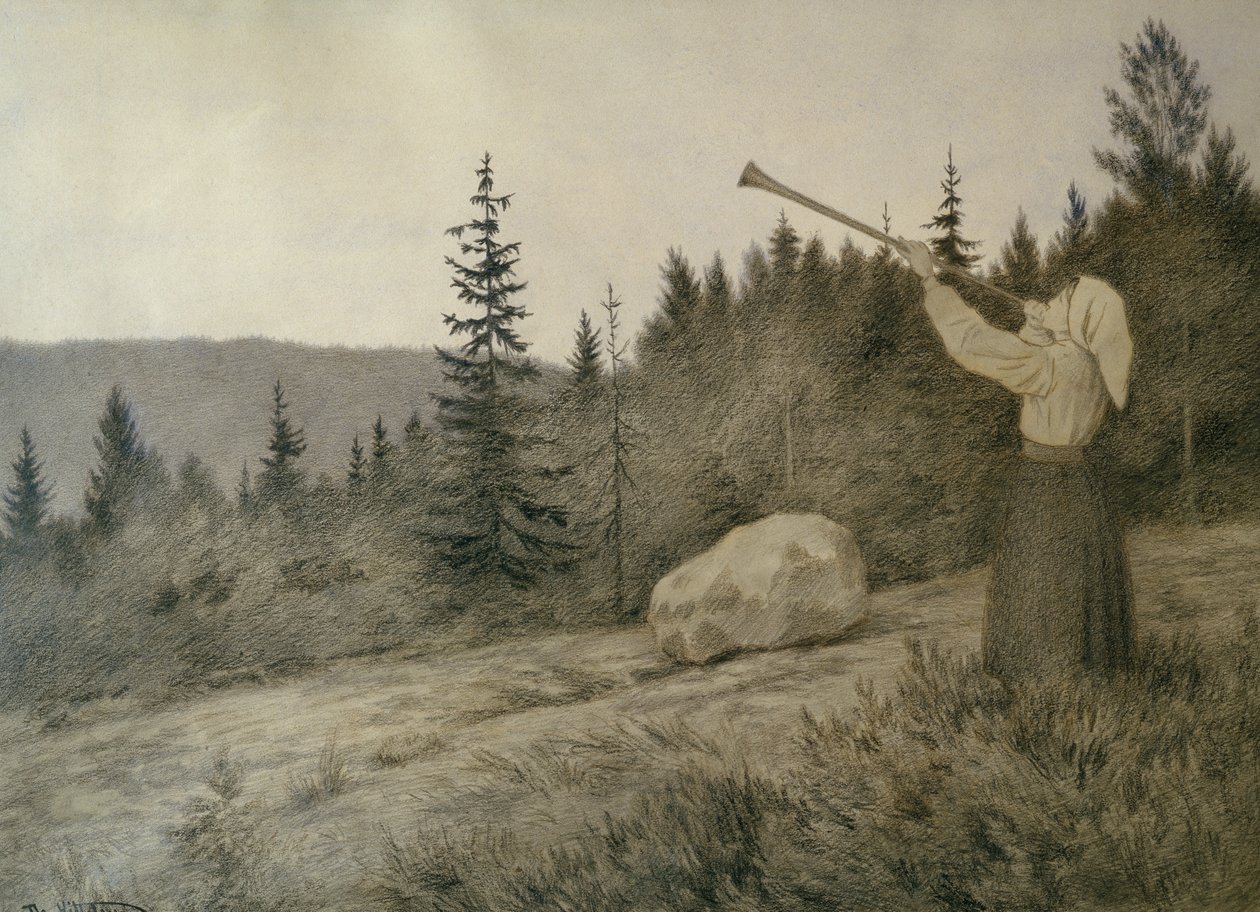Oppe under bjerget lyder et træblæseinstrument af Theodor Kittelsen