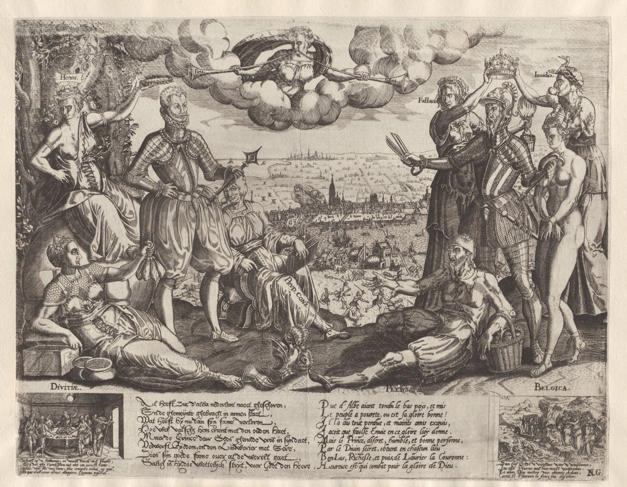 Sammenligning mellem Oranje og Alva, med det spanske raseri i baggrunden, ca. 1577 af Theodor de Bry (attributed to)