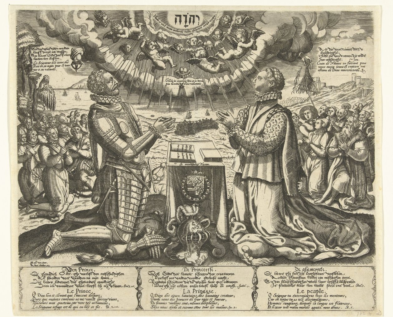 Vilhelm af Orange og Charlotte af Bourbon knæler i landskabet af Theodor de Bry (attributed to)
